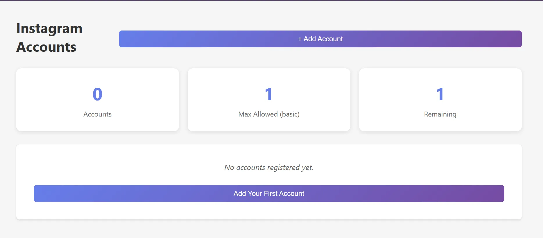 Instagram Accounts panel in the dashboard